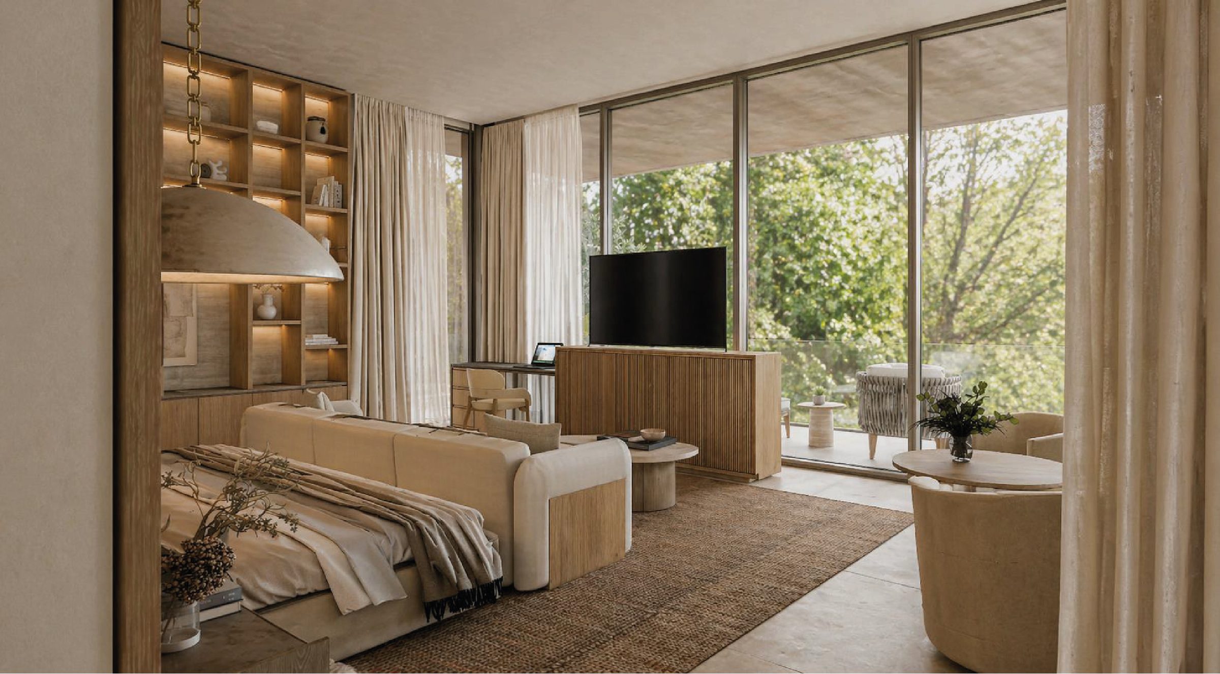 Estancia con librero de madera y mueble ranurado fabricados en taller