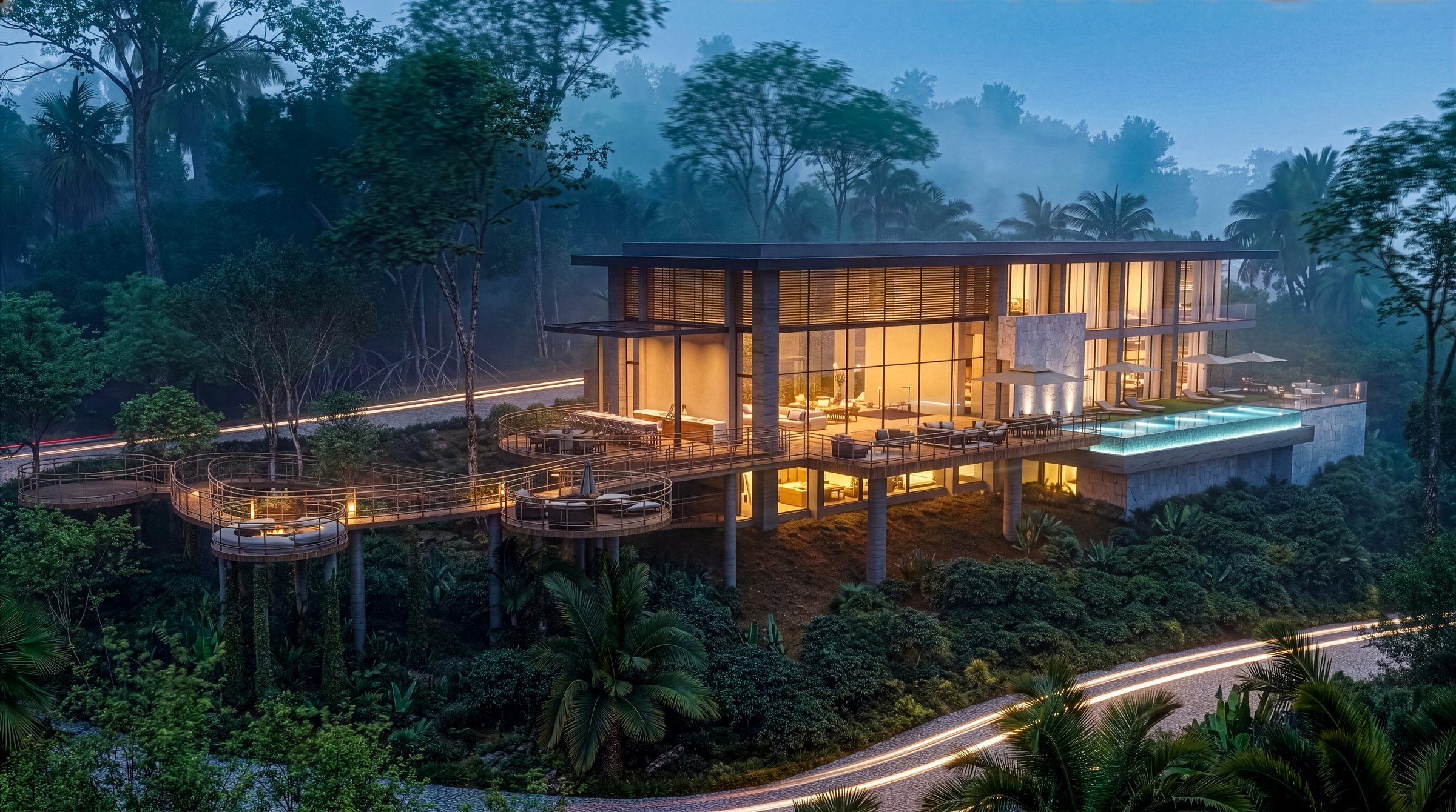 La residencia en Nauka al atardecer sobre la selva